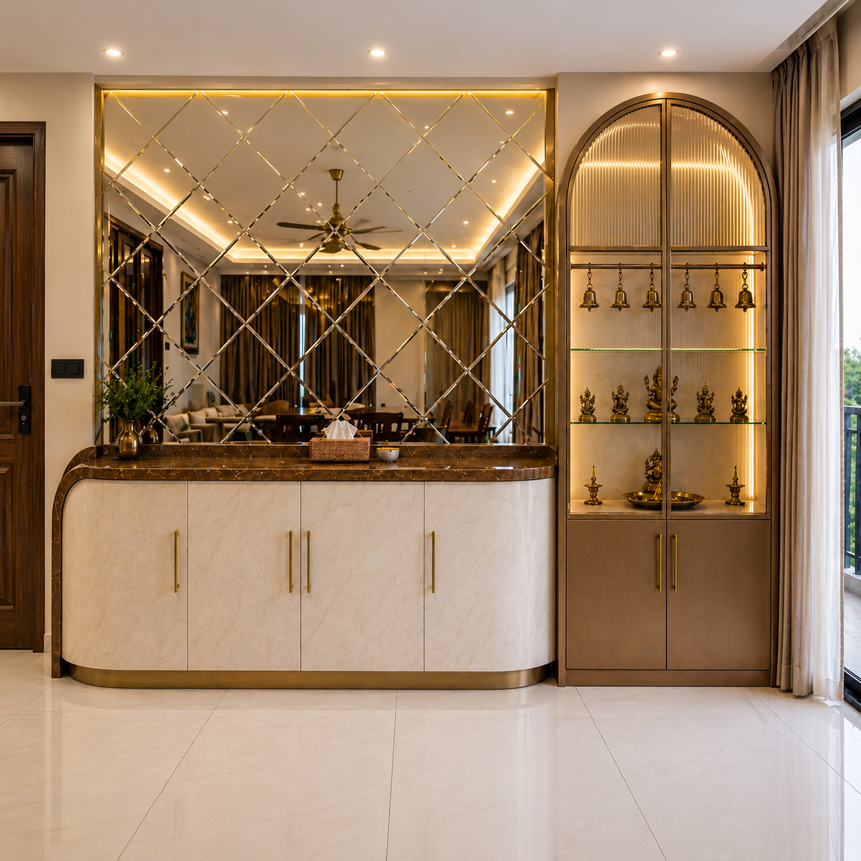 Modern Living Room with Partition and Compact Puja Unit