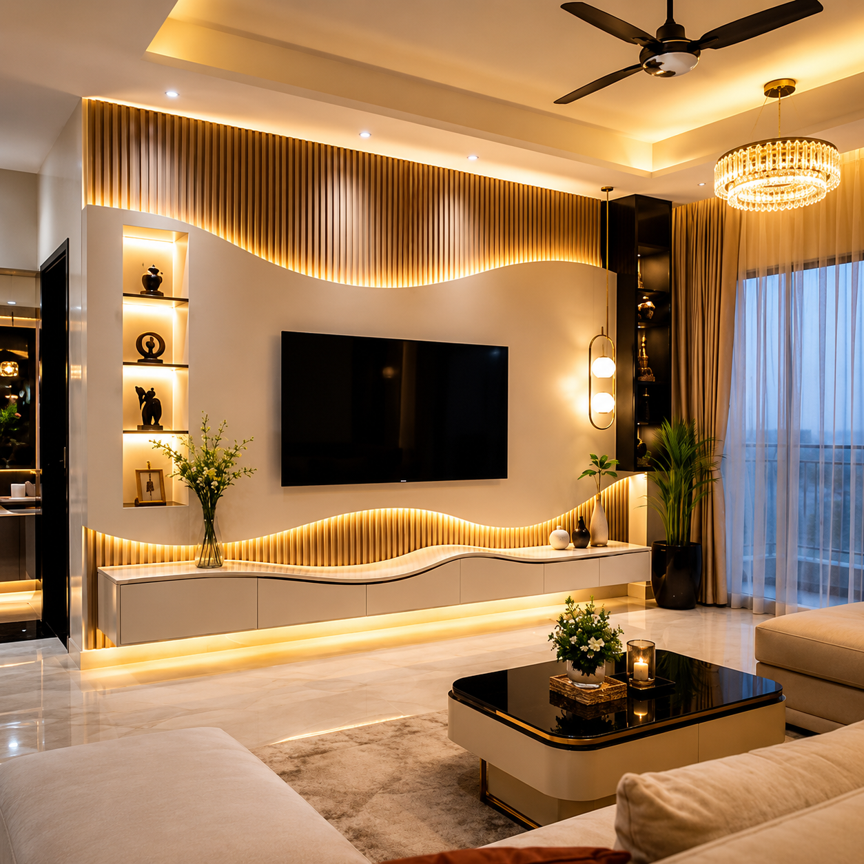 Modern Living Room with Floating Backlit TV Unit