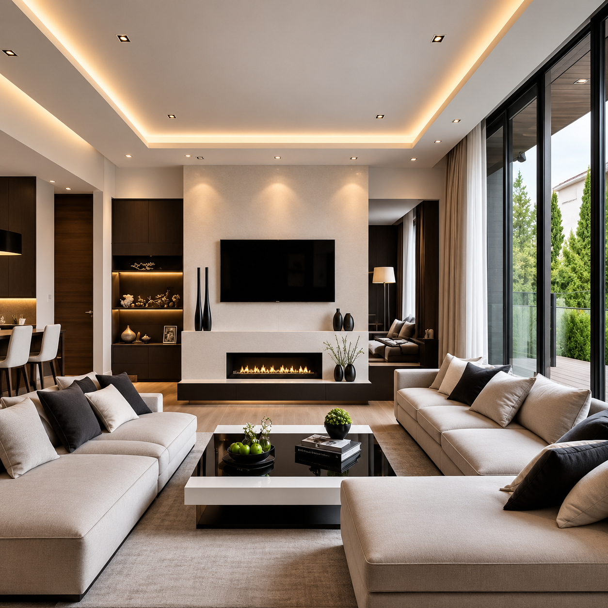 Designer Living Room with Wooden Wall Panels