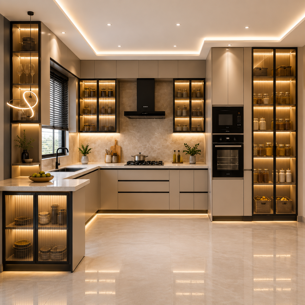 Modern Modular Kitchen with Tall Storage Cabinets