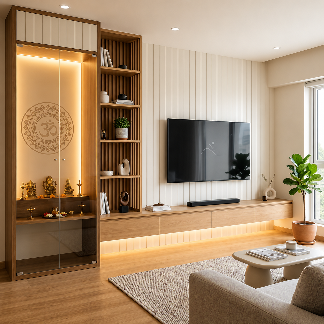 Modern Living Room with Stylish Partition & Space-Saving Puja Unit