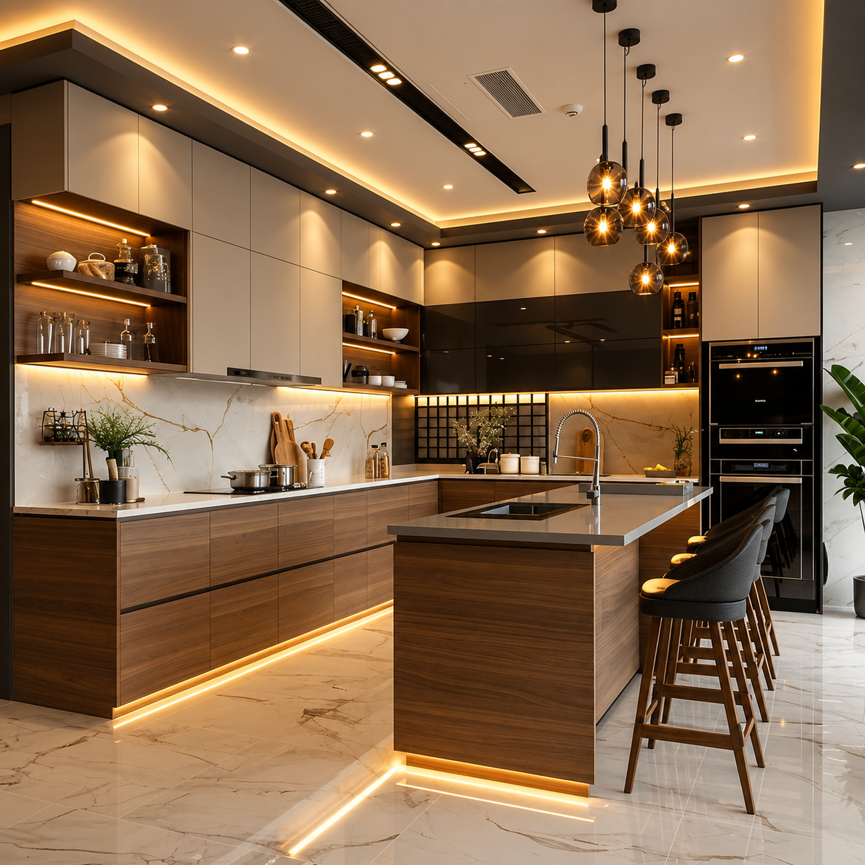 End-to-End Modular Kitchen with Marble Island