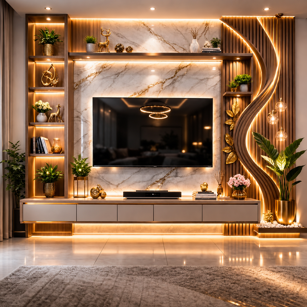 End-to-End TV Unit Design with Marble Backdrop